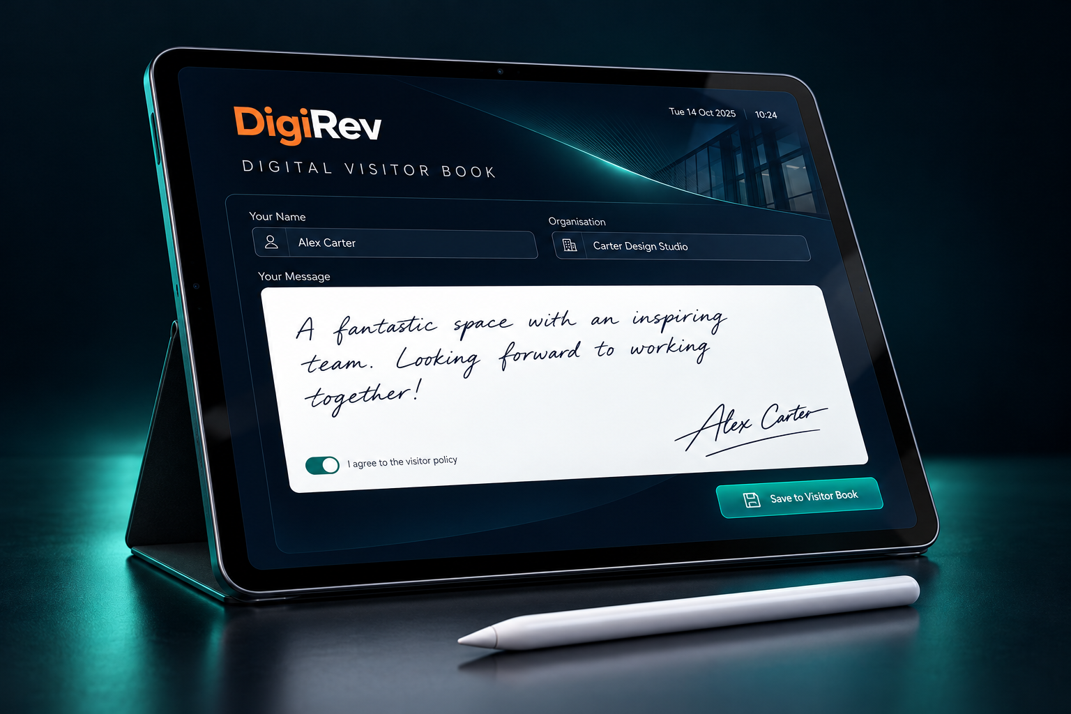 DigiRev digital visitor book illustrated on a tablet with a stylus