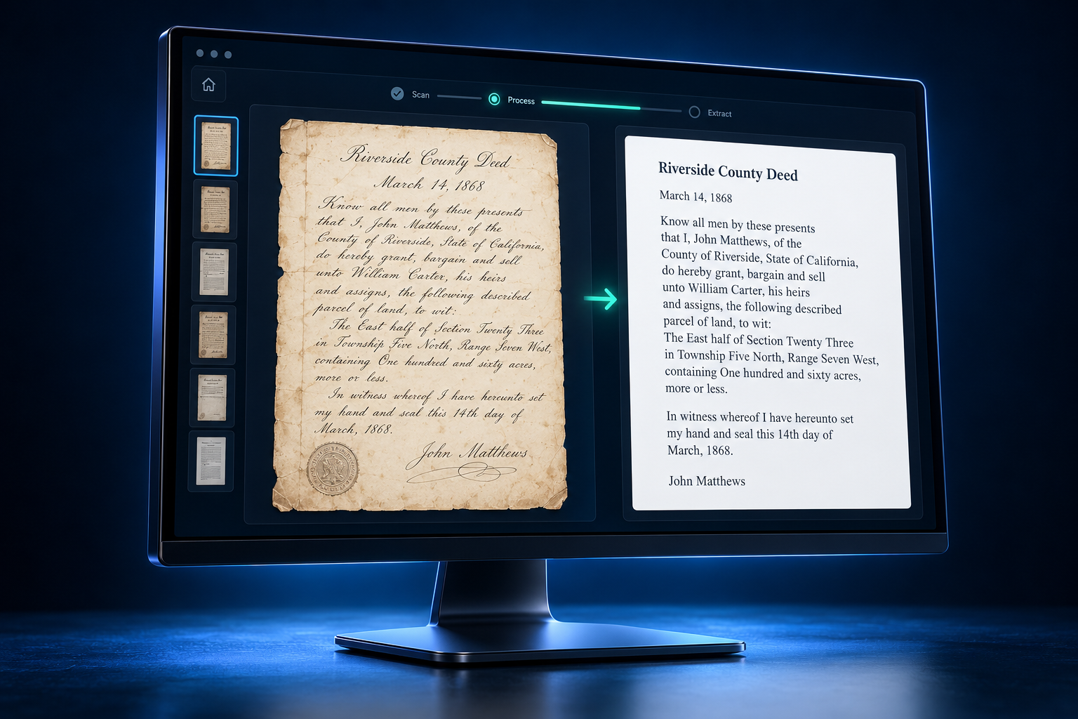 Illustration of scanned documents and extracted text side by side on a monitor